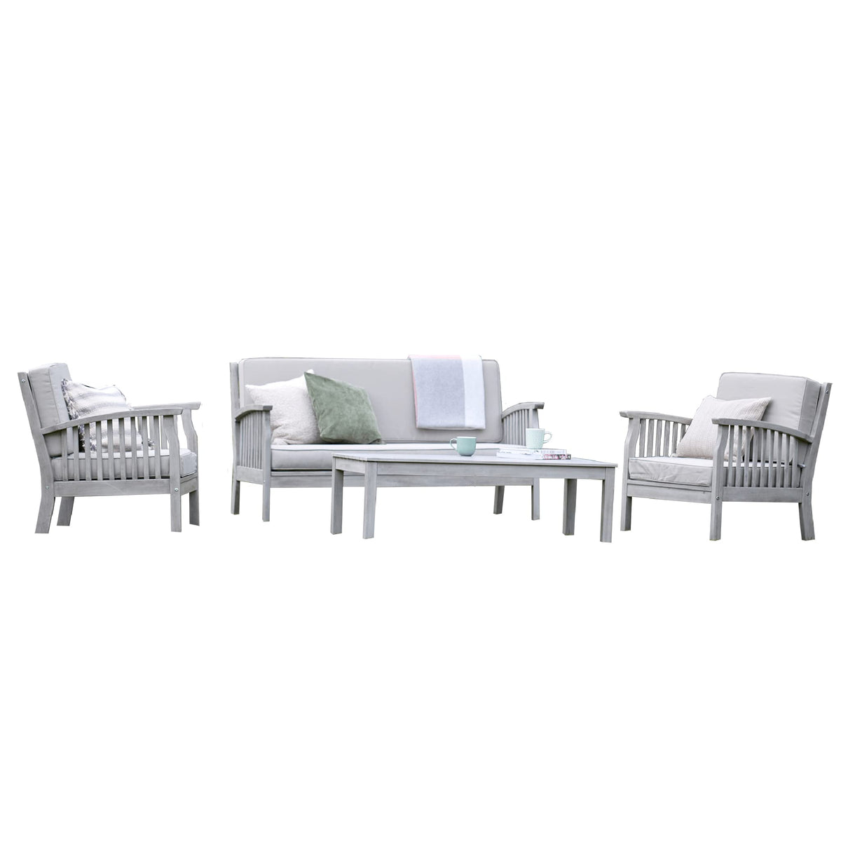 Gardenesque Patio Garden Furniture Set - Light Grey Wooden Garden Set - Repton Lounge - Outdoor Table & Chairs - Durable and Comfortable Design - With Cushions - Flat Pack Design - 4 Seater