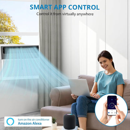 6000 BTU window air conditioner, U-shaped design, ultra quiet, wifi, energy efficient, remote control, cooling up to 268 m², sleeping mode, bedroom, room, office