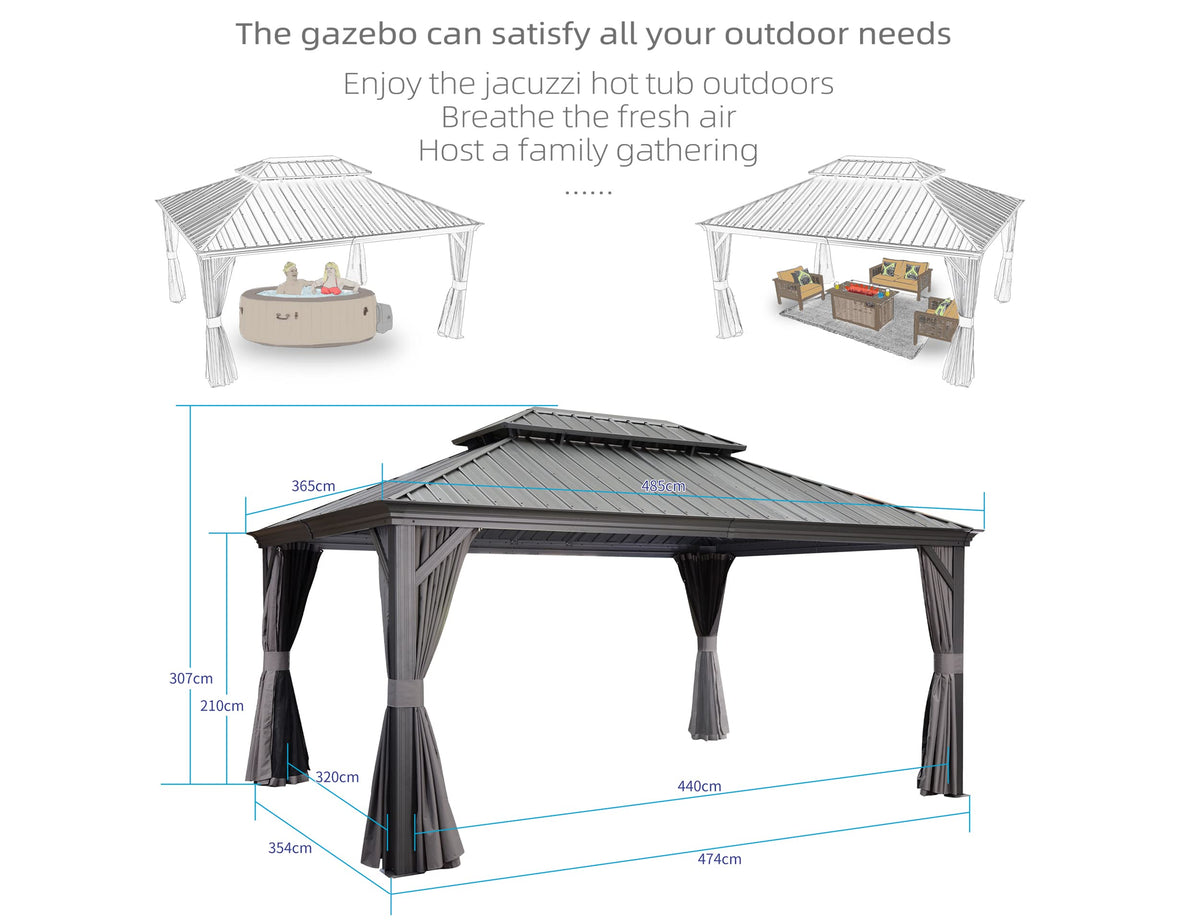 PURPLE LEAF Heavy Duty Garden Gazebo 3.65 x 4.85 m with Galvanised Steel Double Roof, Waterproof Metal Hardtop Gazebo with Side Curtain and Zipped Netting for All Weathers, Outdoor and Patio, Grey