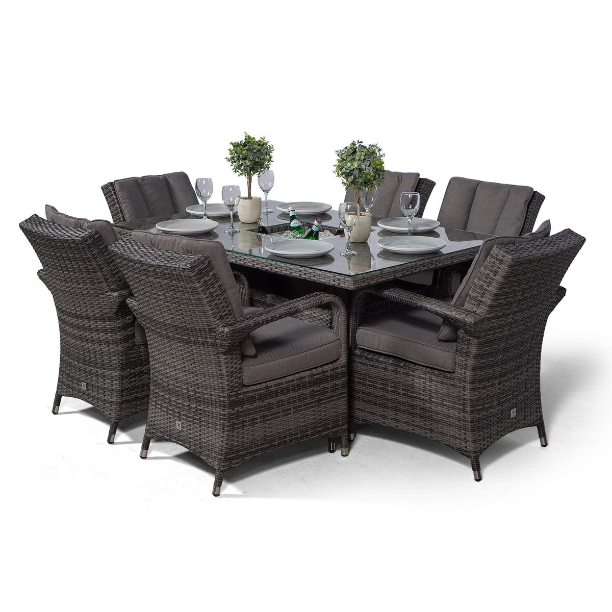 Arizona Rattan Dining Set | Luxury Rectangle 6 Seater Grey Rattan Table & Chairs Set with Ice Bucket Drinks Cooler | Outdoor Poly Rattan Garden Dining Furniture Set with Parasol & Cover