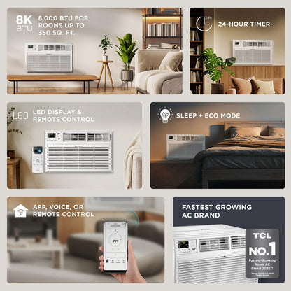 TCL H8T9E1-A Intelligent Wall Air Conditioner, Fan and Dehumidifier, 350 m² Ft, Remote Control, Works with Alexa/Google Assistant, White