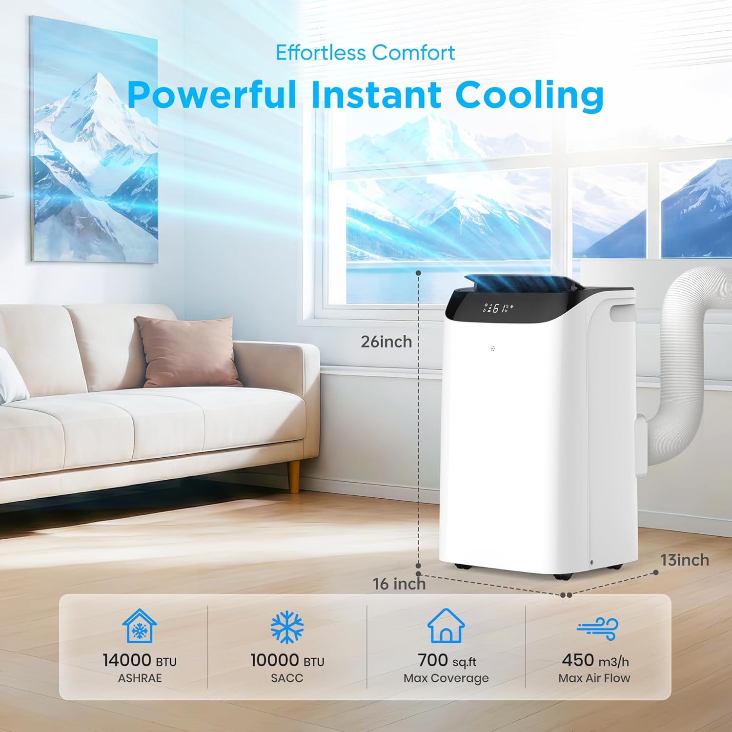 DOMANKI 14000 BTU portable air conditioner with remote control, digital display, 700 square feet range, white