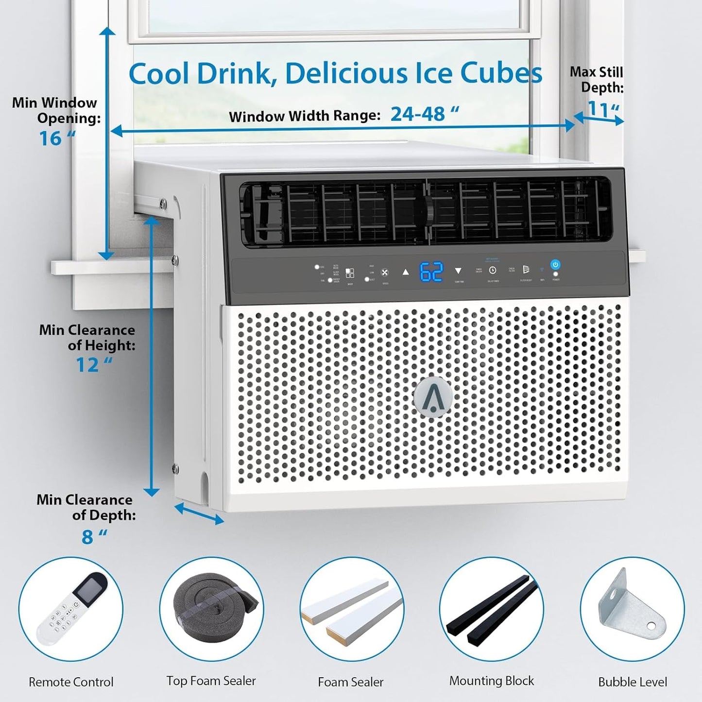 6000 BTU window air conditioner, U-shaped design, ultra quiet, wifi, energy efficient, remote control, cooling up to 268 m², sleeping mode, bedroom, room, office