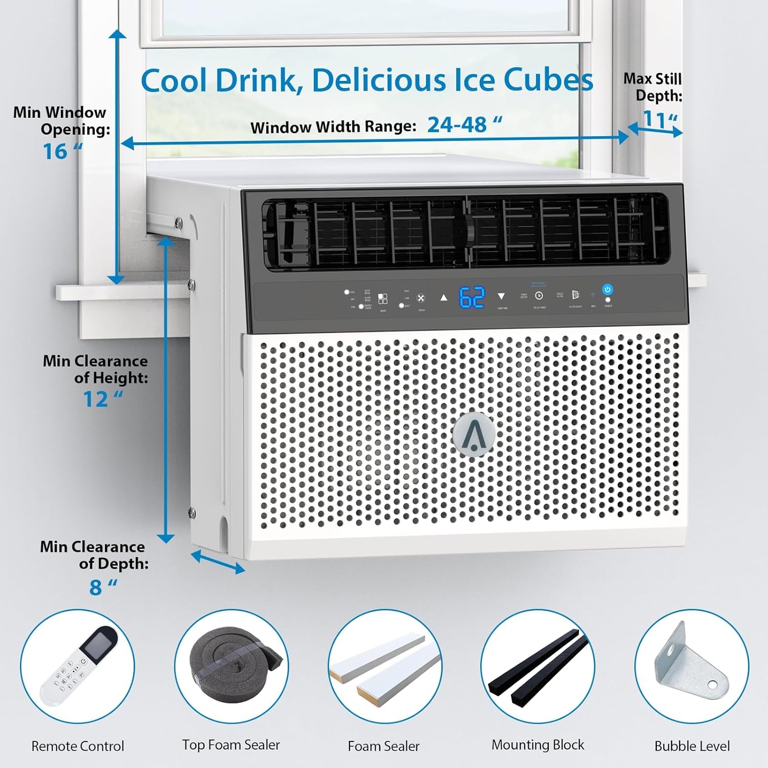 6000 BTU window air conditioner, U-shaped design, ultra quiet, wifi, energy efficient, remote control, cooling up to 268 m², sleeping mode, bedroom, room, office
