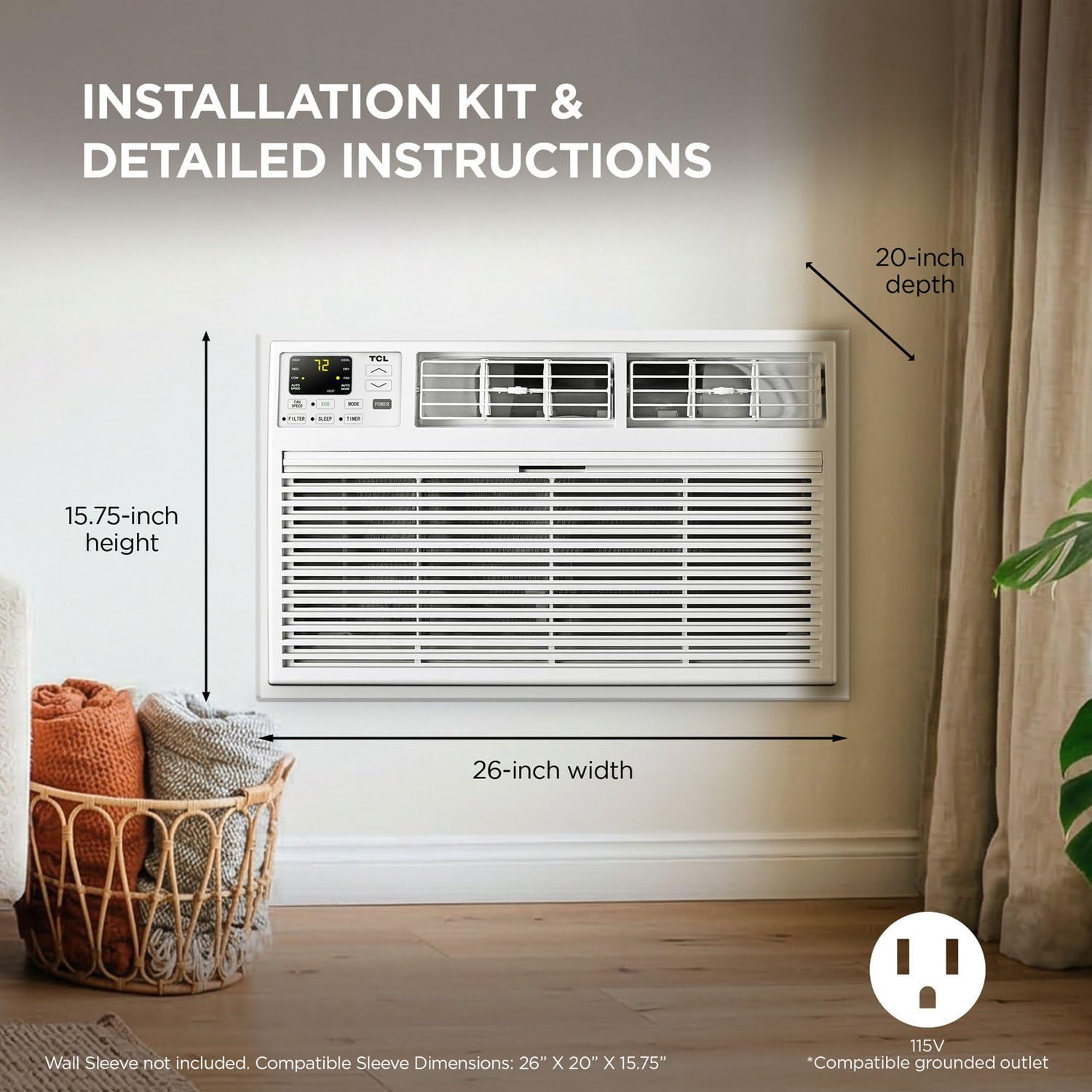 TCL H8T9E1-A Intelligent Wall Air Conditioner, Fan and Dehumidifier, 350 m² Ft, Remote Control, Works with Alexa/Google Assistant, White