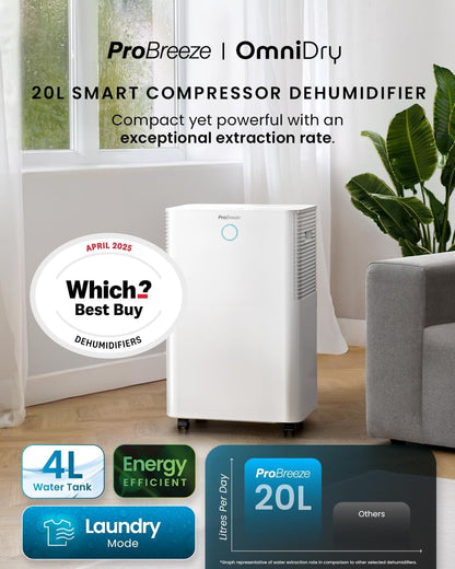 Pro Breeze® 20L OmniDry WiFi Dehumidifier with Automatic Humidity Sensor & Display, Sleep Mode, 24Hr Timer, Laundry Drying, Continuous Drainage with Smart App - WHICH? BEST BUY DEHUMIDIFIER AWARD