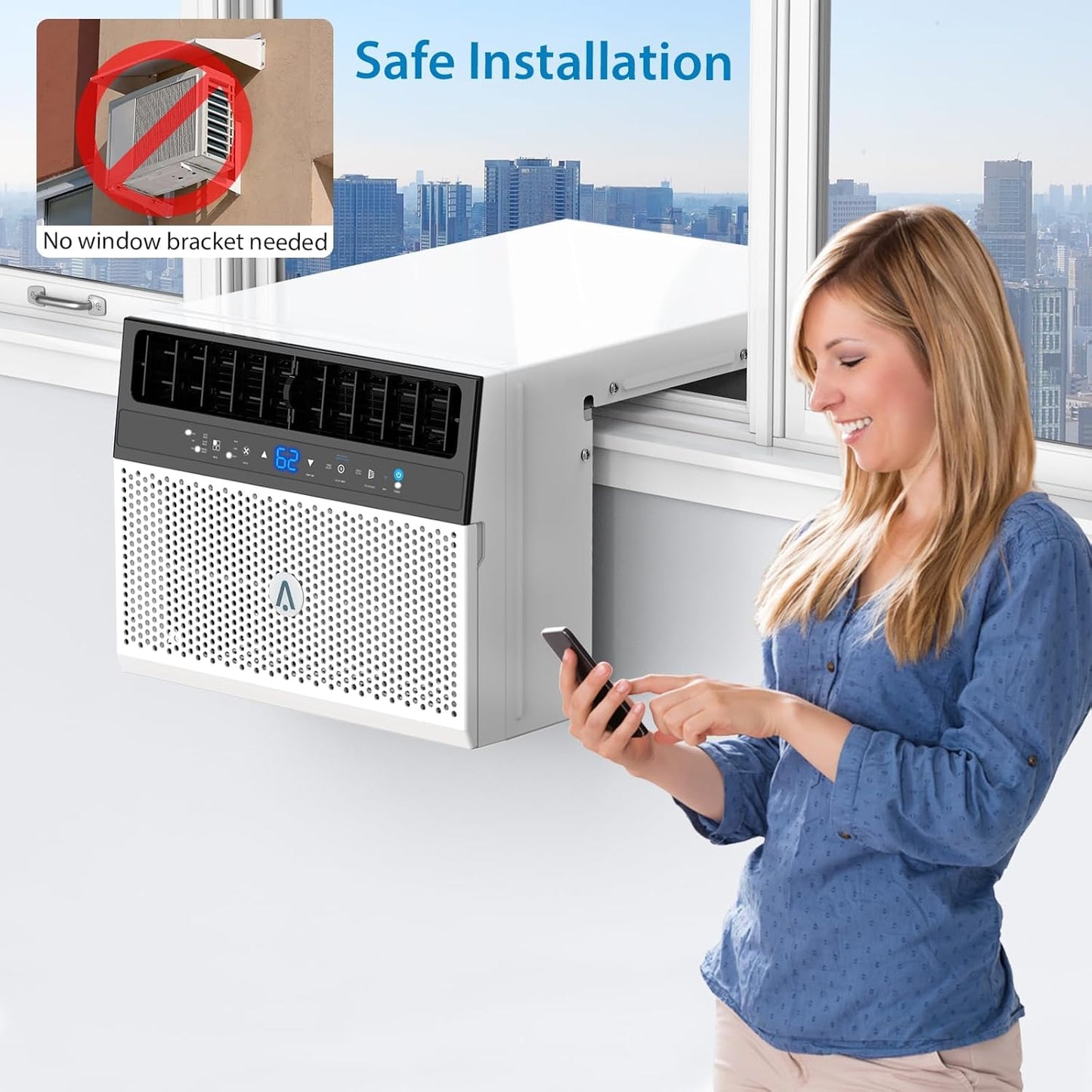 6000 BTU window air conditioner, U-shaped design, ultra quiet, wifi, energy efficient, remote control, cooling up to 268 m², sleeping mode, bedroom, room, office