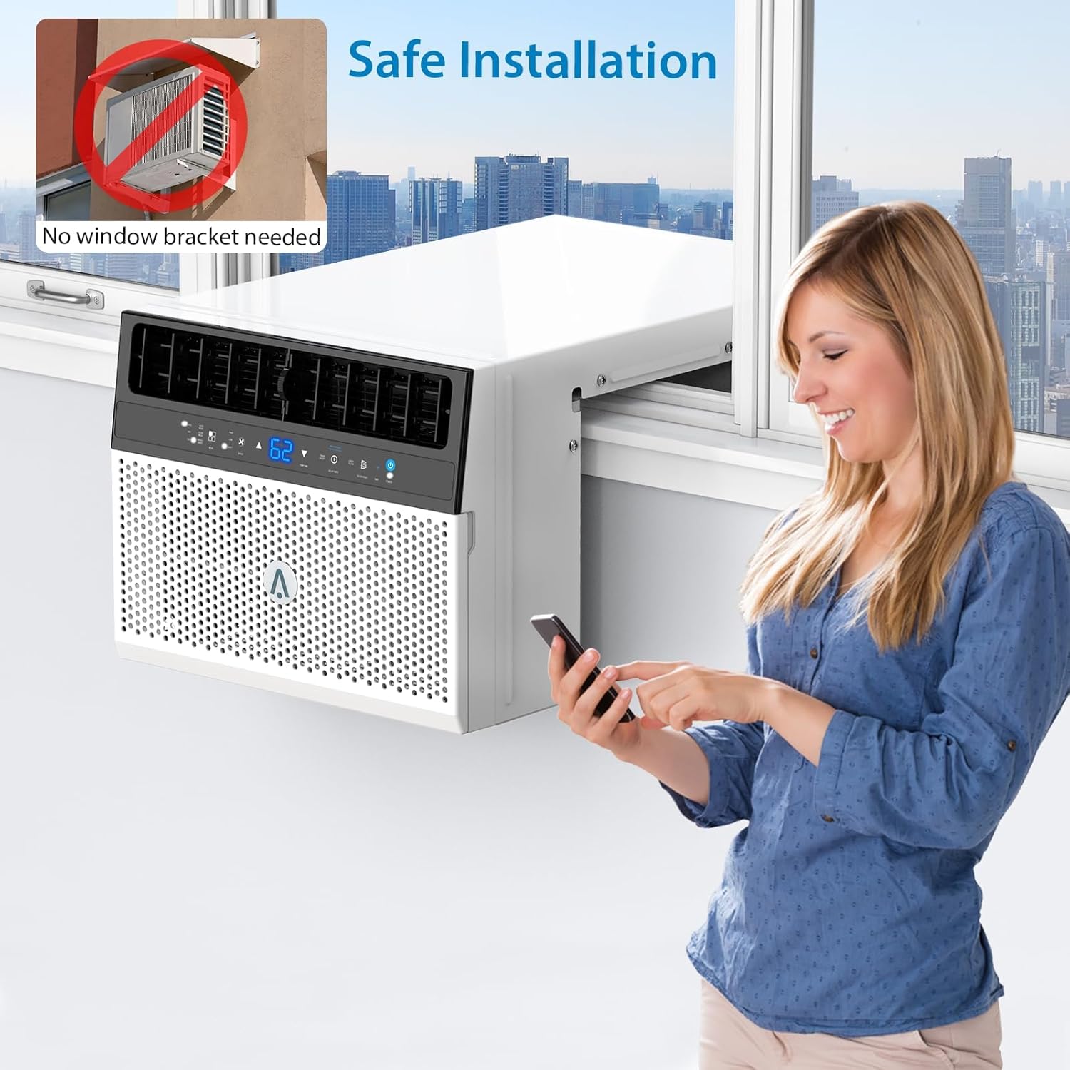 6000 BTU window air conditioner, U-shaped design, ultra quiet, wifi, energy efficient, remote control, cooling up to 268 m², sleeping mode, bedroom, room, office