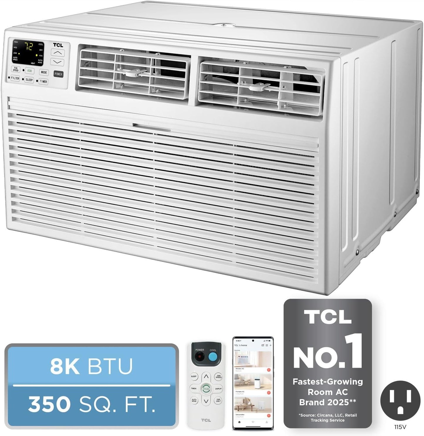 TCL H8T9E1-A Intelligent Wall Air Conditioner, Fan and Dehumidifier, 350 m² Ft, Remote Control, Works with Alexa/Google Assistant, White