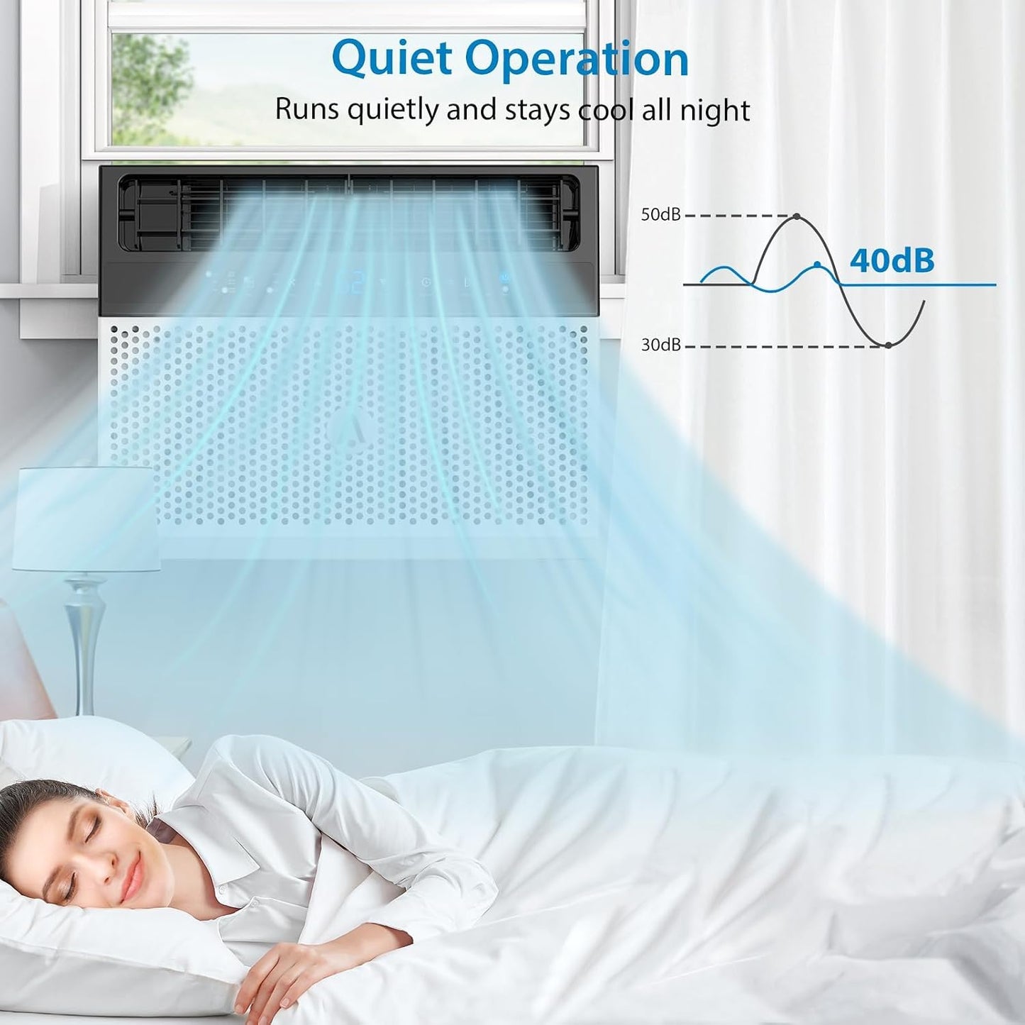 6000 BTU window air conditioner, U-shaped design, ultra quiet, wifi, energy efficient, remote control, cooling up to 268 m², sleeping mode, bedroom, room, office