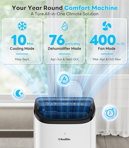 12,000 BTU Portable AC Unit with 3-in-1 Function, Cools 550 Sq.Ft, Includes Window Kit & Remote Control for Bedroom Use