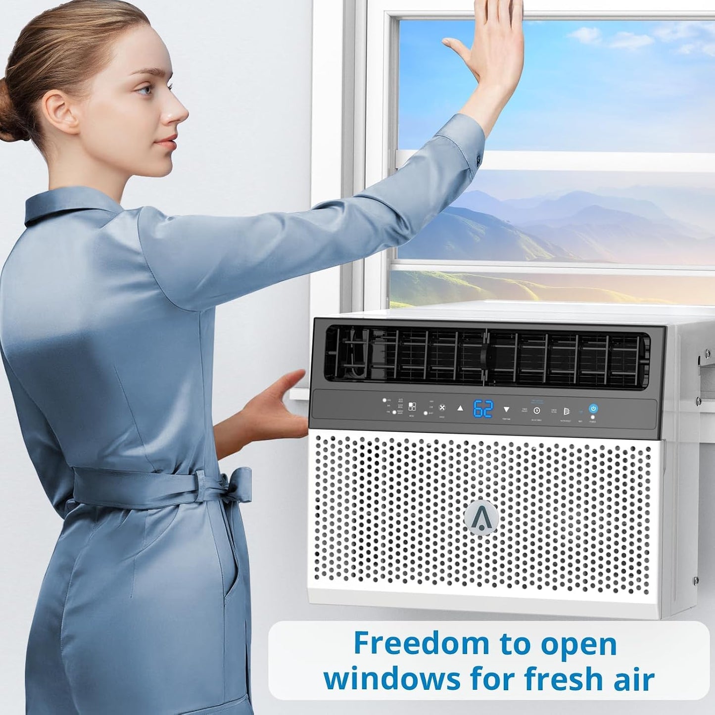 6000 BTU window air conditioner, U-shaped design, ultra quiet, wifi, energy efficient, remote control, cooling up to 268 m², sleeping mode, bedroom, room, office