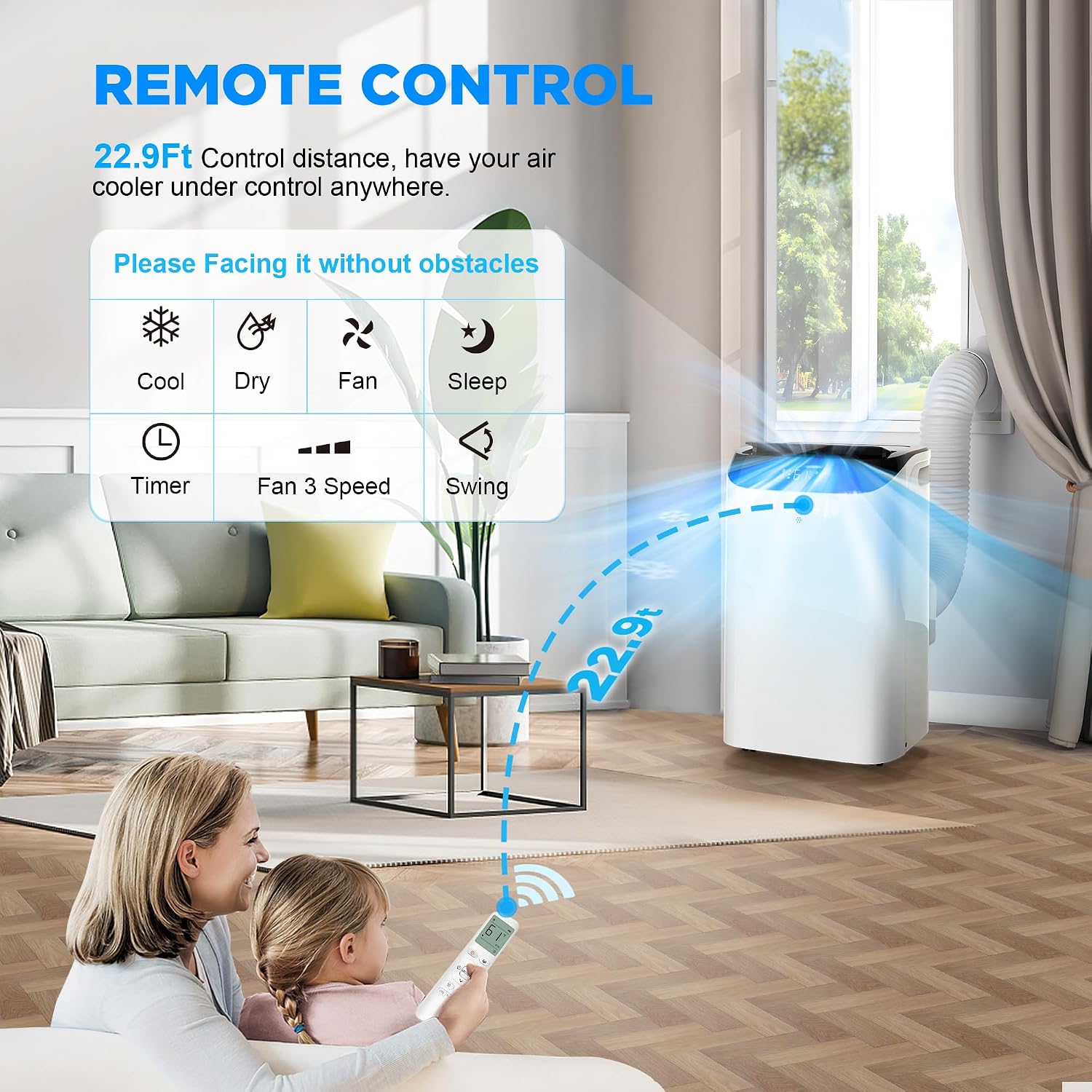 Mobile Air Conditioner 14000 BTU with Remote Control, 3-in-1 AC Unit with Fan and Dehumidifier, Cools Room up to 200 m², Mode