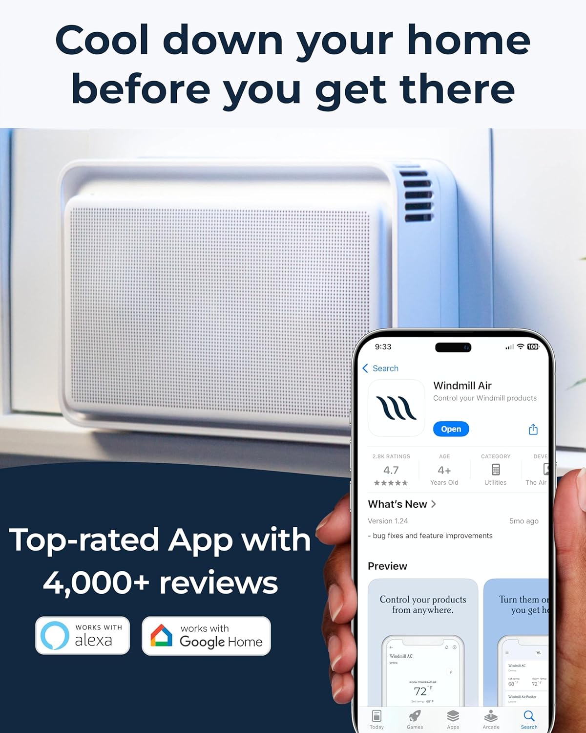 Windmill Window Air Conditioner - Quiet & Smart, Easy Install, Voice-Enabled, Remote & App Control AC Unit - 10,000 BTU Inverter w/WhisperTech