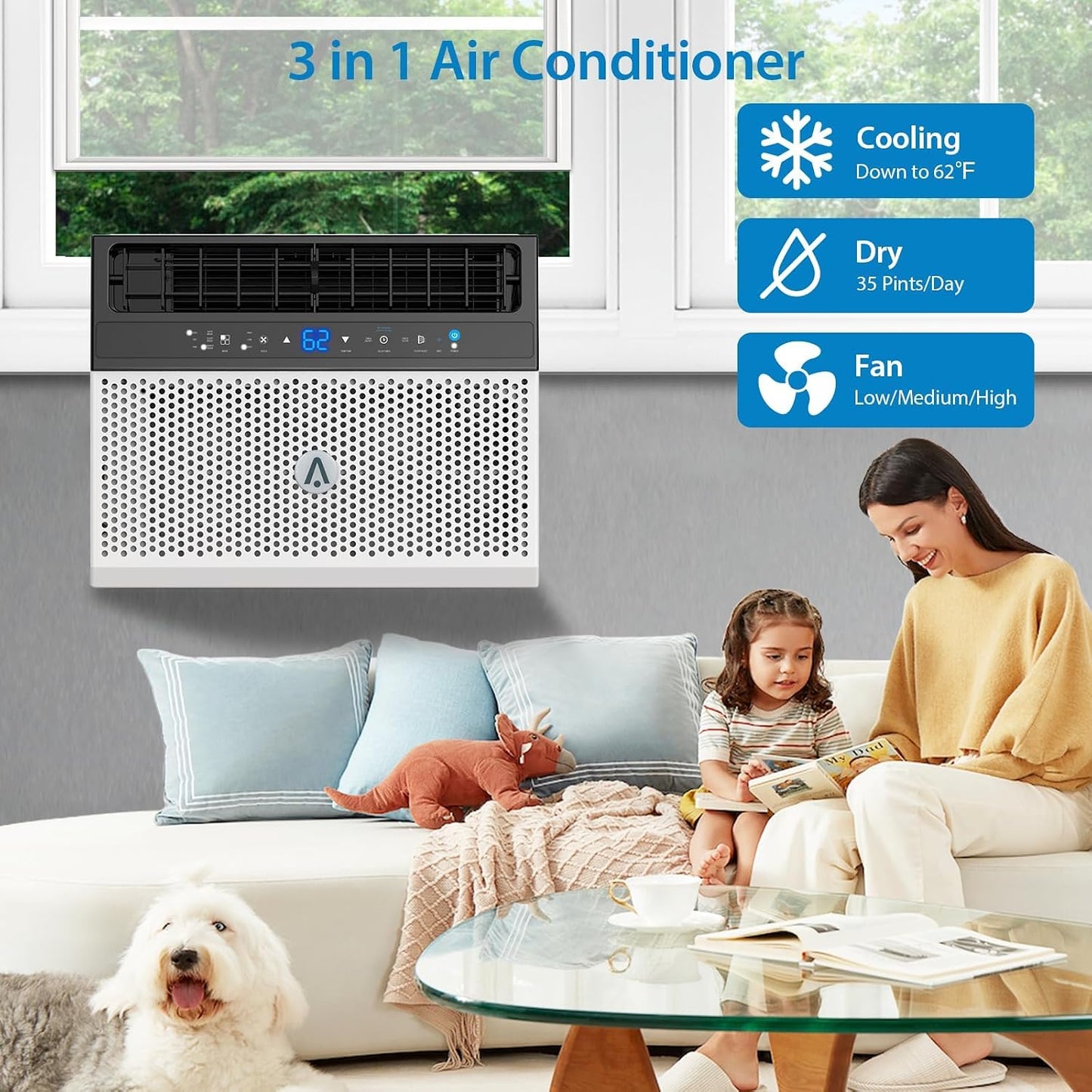 6000 BTU window air conditioner, U-shaped design, ultra quiet, wifi, energy efficient, remote control, cooling up to 268 m², sleeping mode, bedroom, room, office