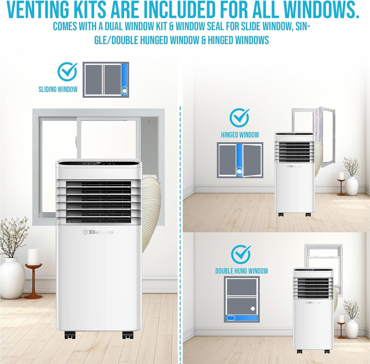 Belaco 9000 BTU Air Conditioning Unit 4in1 Cooling Portable Air Conditioner | With Fan & Dehumidifier Modes, Includes Window Kit for Easy Setup, Good Housekeeping Institute Approved