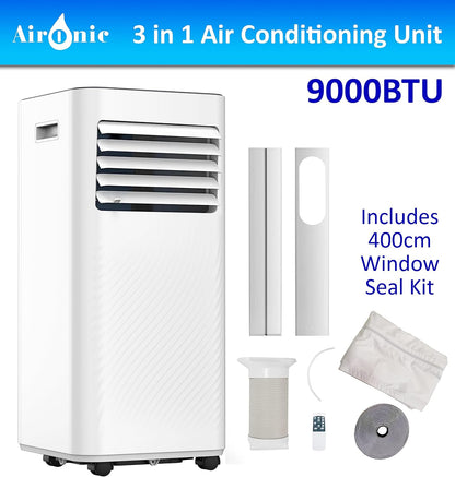 AuraHome Portable Air Conditioner 9000 BTU 4-in-1 Air Conditioner, Dehumidifier, Cooling Fan with 2 Fan Speeds, Digital Display & Remote Control, 24 Hour Timer for Rooms >215ft Window Vent Hose Kit